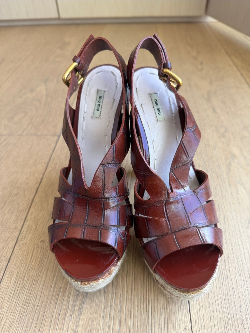 Miu Miu Cognac Brown Leather Woven Espadrille Wedge Sandals